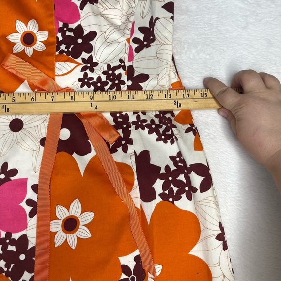 Noviello Bloom Orange Brown Floral Knee Length Cotton Bow Party Dress Y2K size 8 - Picture 7 of 13
